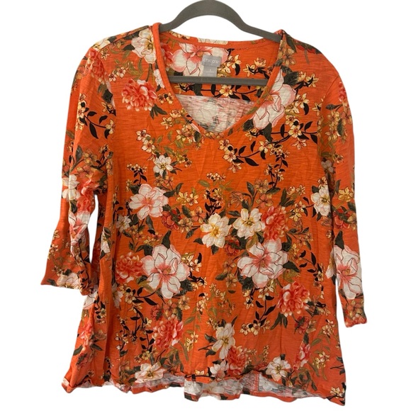 Chico's Tops - Orange Floral Design Top Shirt V-Neck Style Chico’s Blouse Women’s Size XL Fit!